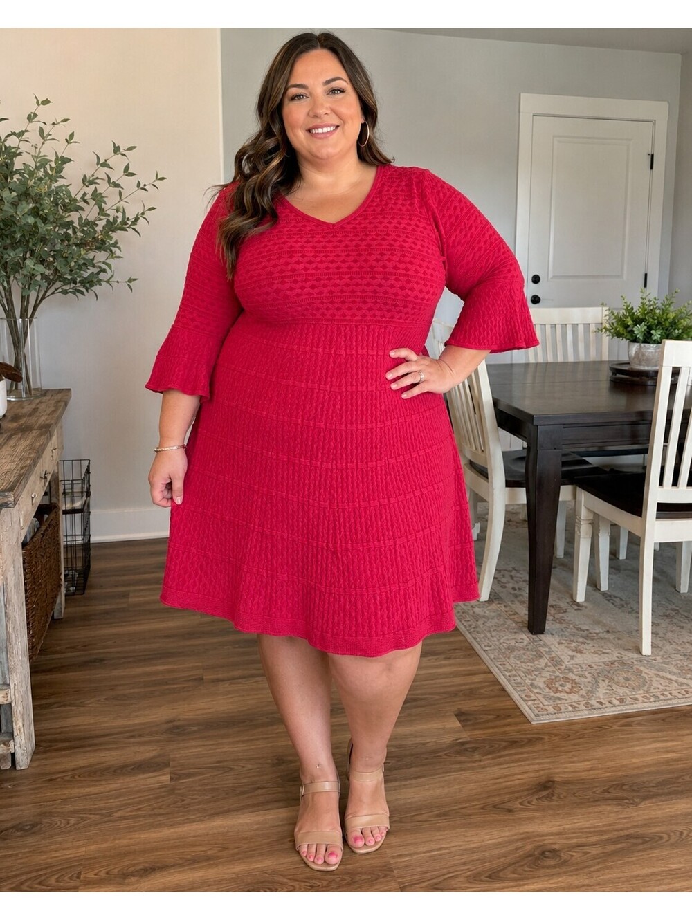 Liz Claiborne Woman 2X Red Textured Knit Dress with Bell Sleeves